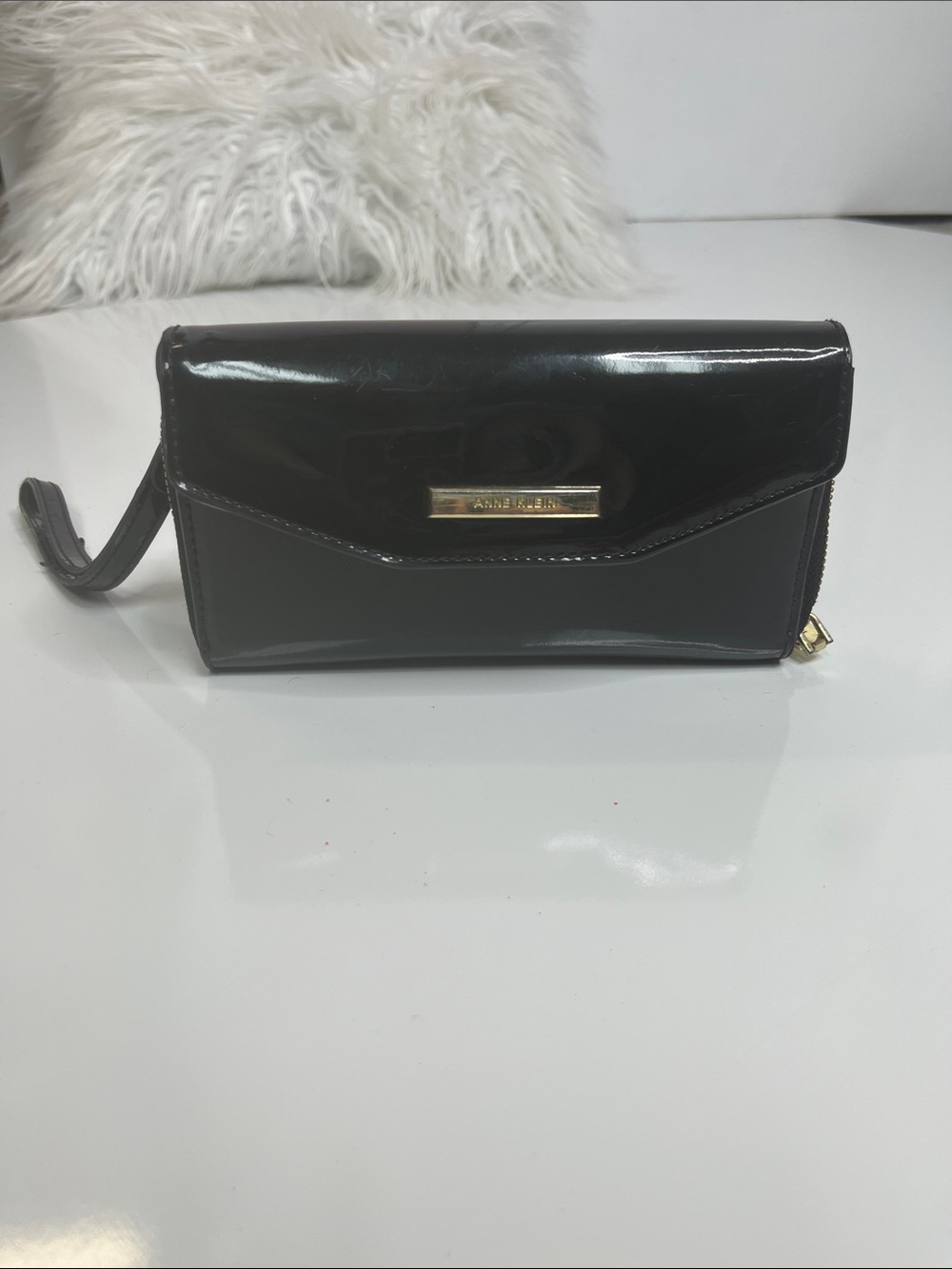 Anne Klein Black Patent Wristlet Clutch with Gold Plaque